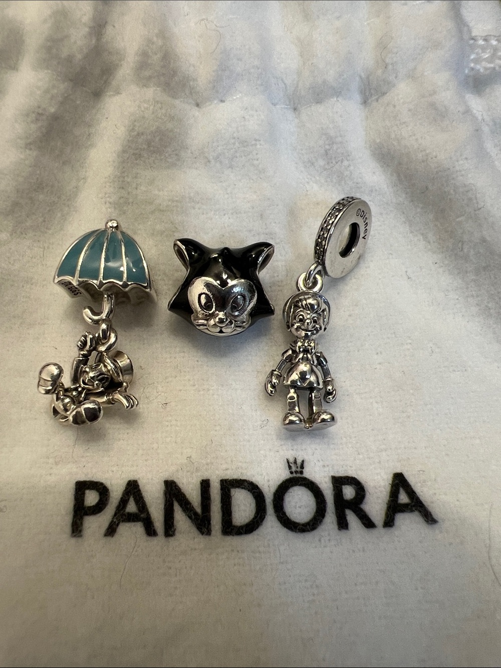 Authentic Pandora Pinocchio, Jiminy Cricket, and Figaro Charms